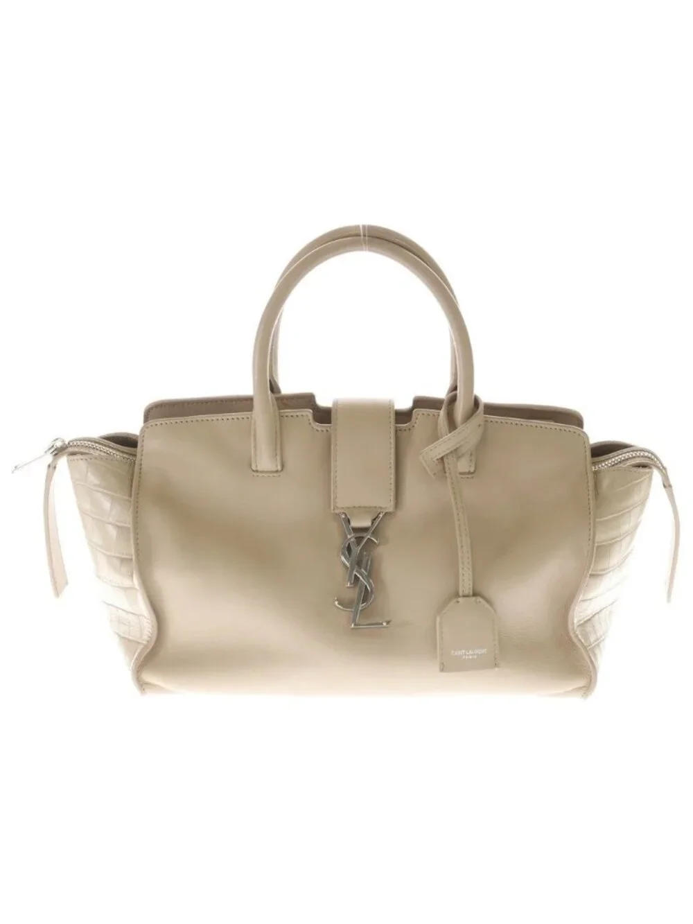 Saint Laurent Paris Baby Downtown Cabas 2-Way Shoulder Bag Beige Leather Silver